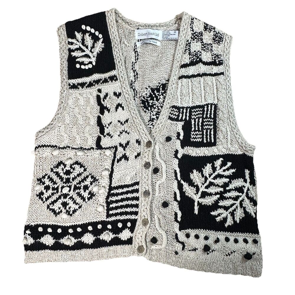 Robert Scott Ltd Vintage Hand Knitted Vest Linen Blend Size M Cottage Granny 3D